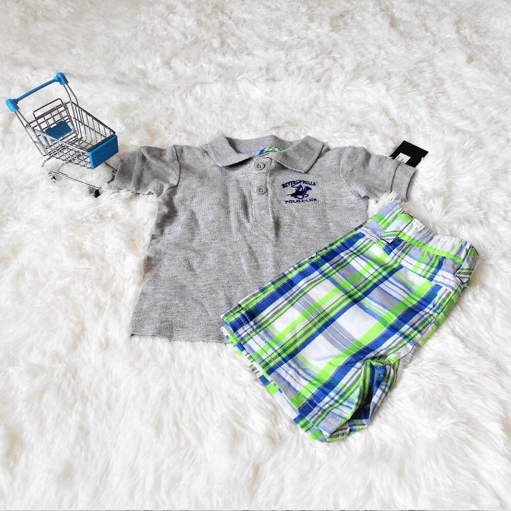 Beverly Hills Polo Club 2 Piece Short Set Boys Grey Plaid 12M